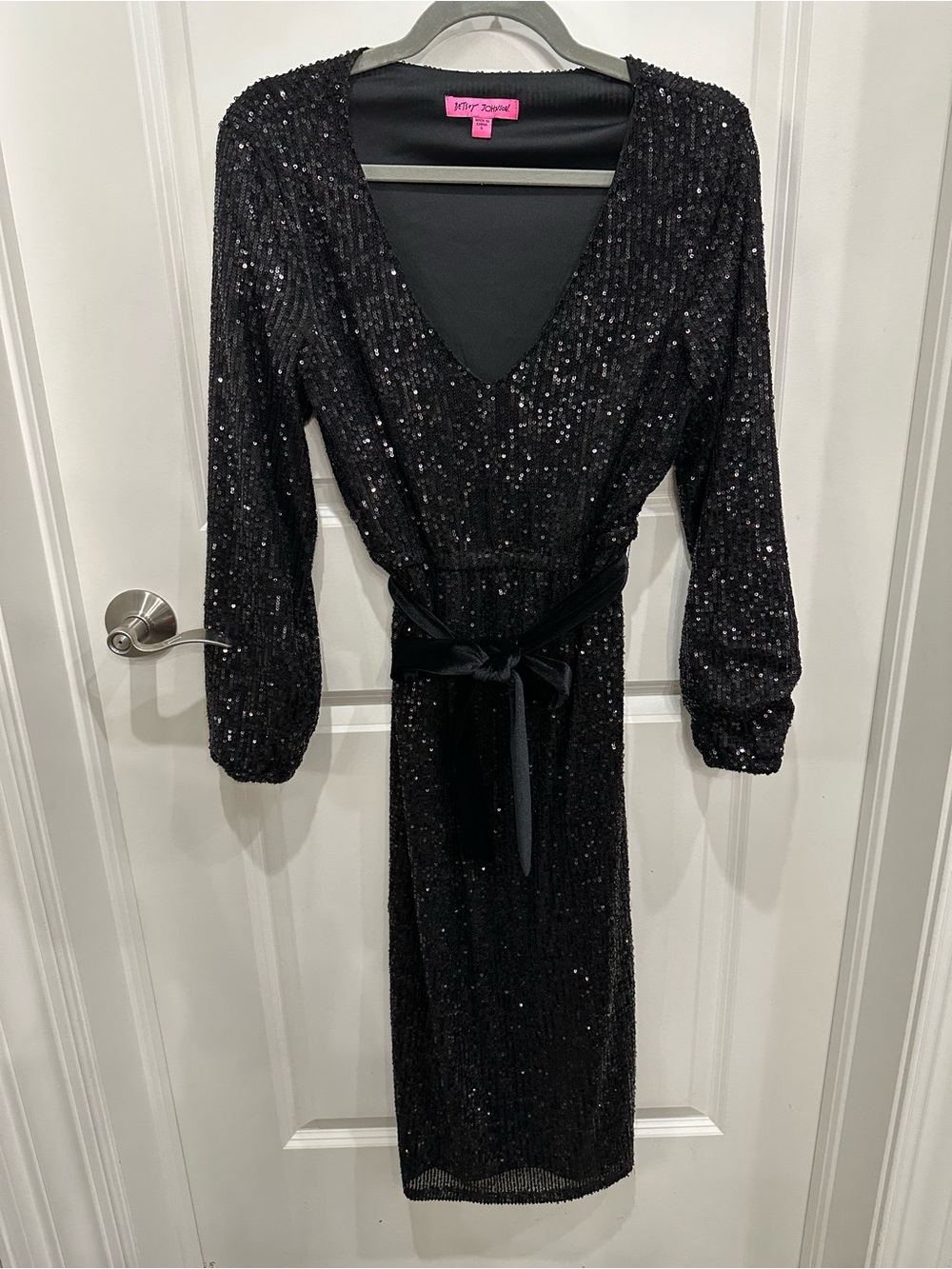 Betsey Johnson Black Sequin V-Neck Midi with Velvet Tie